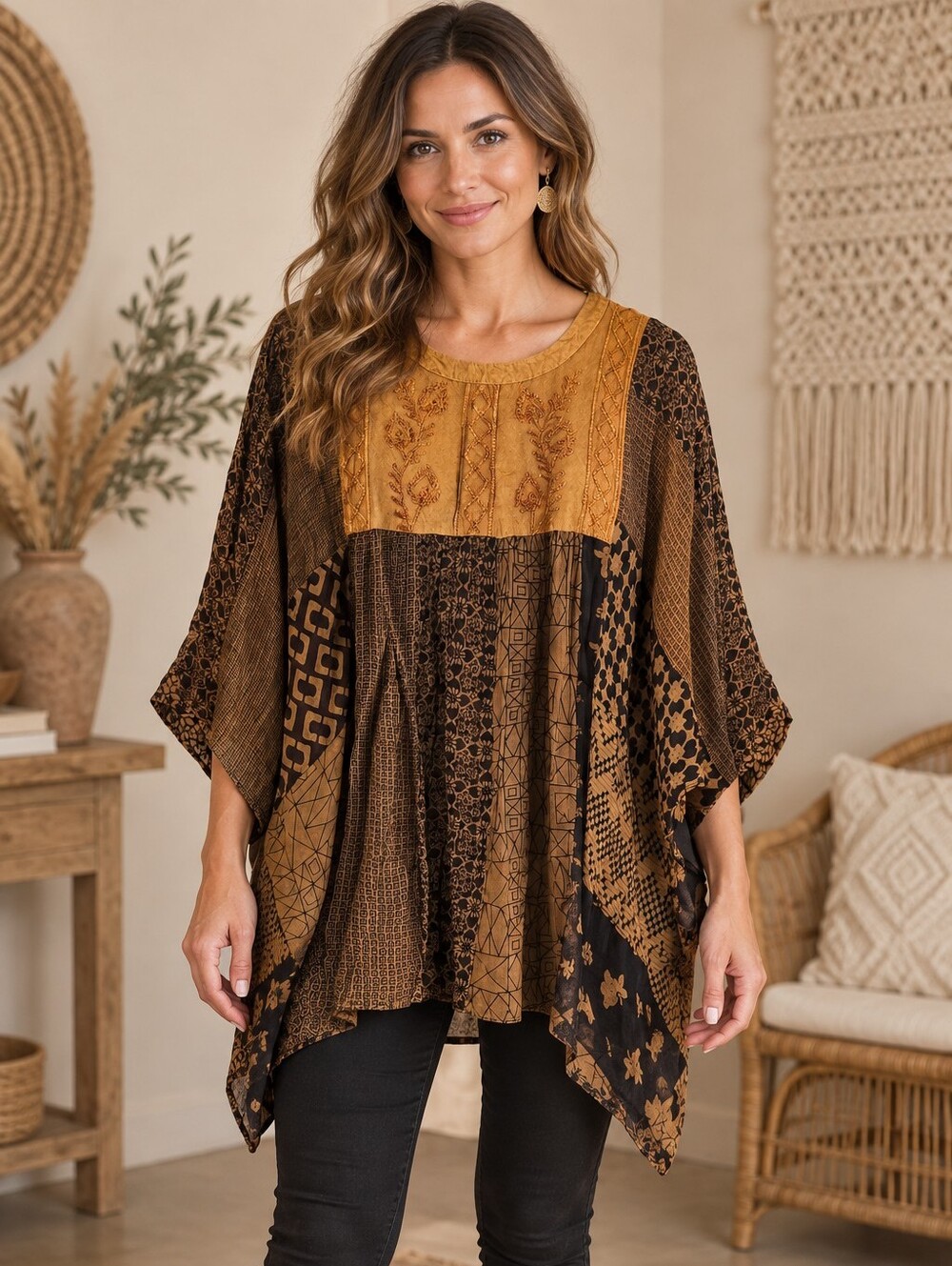 524.Young Threads Bohemian Patchwork Tunic Top - Mustard Brown